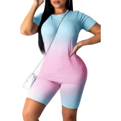 China QUICK DRY Women's Gradient Outfits 2 Piece T-Shirts Casual Short Sleeve Bodycon Shorts Top Set Sports Suit Tracksuit Overalls for sale