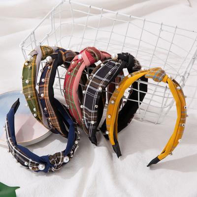 China New Comfortable Soft Women Beads Tie Band Thick Headbands Hair Plaid Headbands Grid Wrap Head Gifts for sale