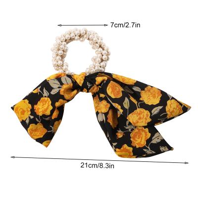 China 2021 Comfortable Soft Pearl Hair Bow Hair Scrunchies Women Hair Scrunchies Tie Floral Ponytail Holder Elastic Rope Bands for sale