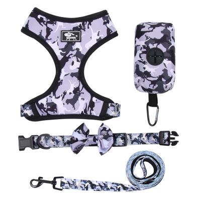 China Personalized Luxury Four-Piece Costume Camouflage Collar Dog Harness Leash Set With Poop Bag Dispenser for sale