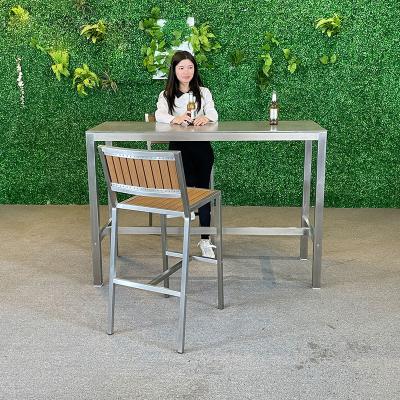 China Modern Metal Outdoor Furniture Stainless Steel Bar Chairs and Tables Set Referee Chair Plastic Wood Bar Stool Glass Top Bar Table for sale