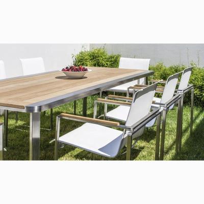 China Luxury Modern Hotel Stainless Steel Frame Teak Top Outdoor Patio Dining Table Set Wood Backyard Home Garden Dining Set for sale