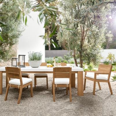 China Modern Luxury Solid Wood Outdoor Furniture Teak Garden Set Outdoor Patio Set Teak Frame Stone Dining Table Top Outdoor Dining Set for sale