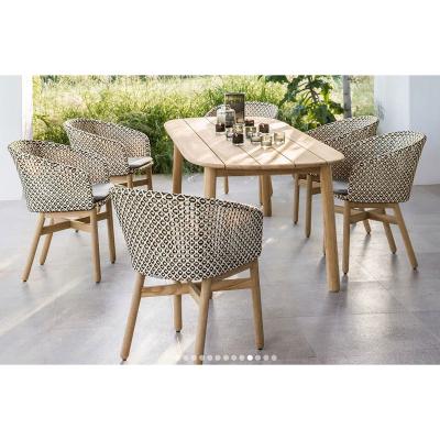 China Basic Modern Luxury Wooden Rattan Chair Table Set Outdoor Dining Garden Teak Table Poolside Wicker Dining Set Furniture for sale