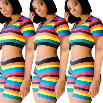 China QUICK DRY Print Rainbow Stripe Print O Neck Summer Fashion Short Sleeve Tops Butt Lift Pants Women Two Piece Sets for sale