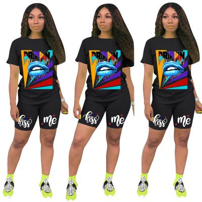 China 2021 QUICK DRY Casual Sport Big Lips Short Sheath Two Piece Set Fashion Shorts Women Two Piece Sets for sale