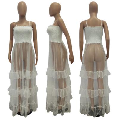 China Summer Breathable Dresses For Girls Hollow Out Chiffon Maxi Dresses Beach Long Women Lace Up Dress for sale