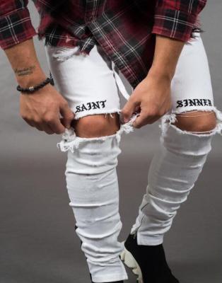 China QUICK DRY Mens Jeans Ankle Zipper Ripped Jeans Side White Stripe Mens Jeans Pants Stitching Denim for sale