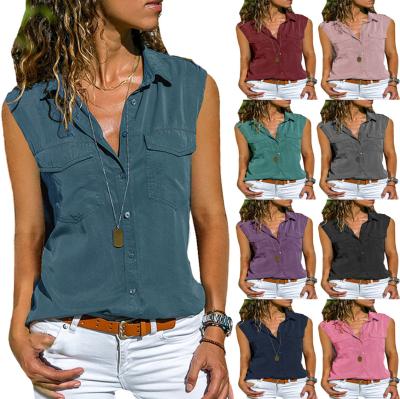 China Clothings QUICK DRY Shirt Ladies Solid Color Sleeveless Shirt With Lapel For Ladies Crop Top And Blouse for sale