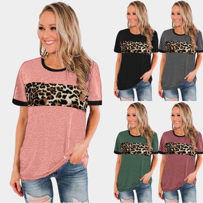 China hot Anti-wrinkle women's 2021 new tour stitching neck leopard print short sleeve top girls T-shirts for sale