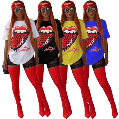 China Anti-wrinkle Fashion Tops Print Red Tongue Printed Puls Size For Wearing T-shirt Blouses Women Summer Simple Fabric for sale