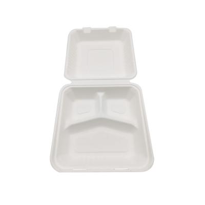 China 10 Inch 3 Disposable Eco Friendly Bagasse Container Biodegradable Bagasse Top Blocks Compartment Take Out Box for sale