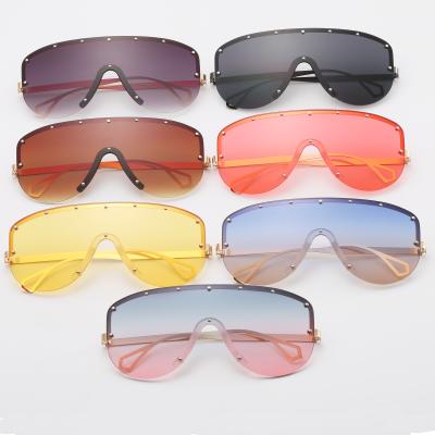 China Environmental Friendly Fashion Metal Half Frame One Lens Rivet Colorful Oversized Sunglasses for sale