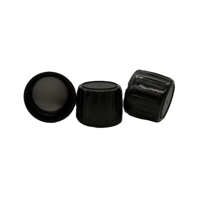 China Pilfer-Proof 28mm Black Ribbed Closure Pilfer Proof Lids Tamper Evident Cap pe seal insert For Alpha Glass Bottles for sale