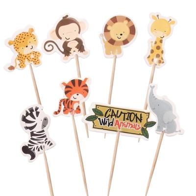 China Paper Jungle Cartoon Zoo Animal Cupcake Toppers Picks Happy Birthday Party Decoration Kids Baby Shower Favors Cake Decoration for sale