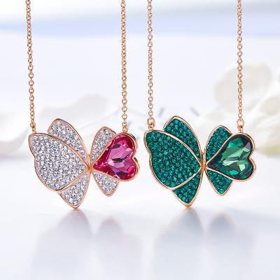 China 2020 Cute Green Crystal Women Rhinestone Butterfly Pendant Necklace for sale