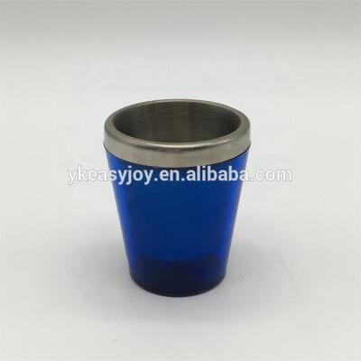 China Sustainable 1OZ/30ml Stainless Steel Cocktail Drinking Double Walls Shot Glass Jigger With Plastic Shell With Customized Printing Logo for sale