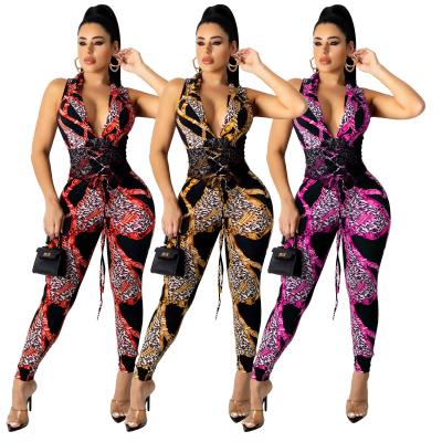 China Chain Viable Ladies Fashion Casual Pants With Waist Deep V Neckline Printed Overalls for sale