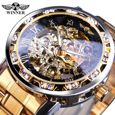 China WINNER Day/Date Mechanical Watches For Men Hand-wind Watches Roman Number Skeleton Wristwatches Luminous hands reloj hombre for sale