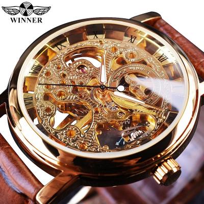 China Waterproof Brown WINNER 358-5 Transparent Gold Leather Strap Top Brand Luxury Mechanical Skeleton Watches for sale