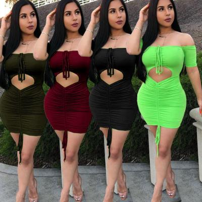 China 2022 Viable New Off Shoulder Drawstring Elastic Body Sexy Women's Dress Nightclub Party Bodycon Dress for sale