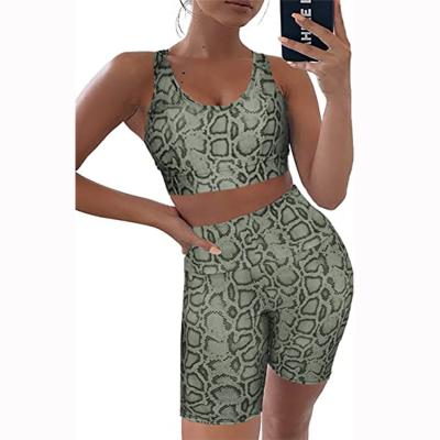 China Anti-Bacterial Womens Yoga Workout Blue Athletic snakeskin Print Shorts Leggings and Sports top Set Gym Clothing for sale