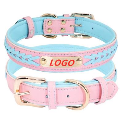 China Personalized Custom Classic Braided Dog Collar Genuine Leather Soft Padded PU Leather Collar for sale