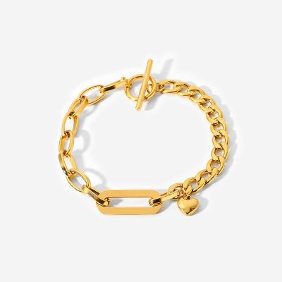 China Non-fading 18K Gold Plated Stainless Steel Jewelry Cuba Chain Love Oval Heart OT Clasp Pendant Bracelet for sale