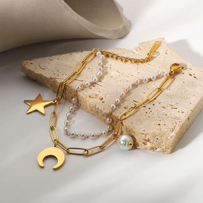 China Non-fading 18K Gold Plated Stainless Steel Jewelry Double Layer Moon Star Bead Bracelet Wholesale for sale