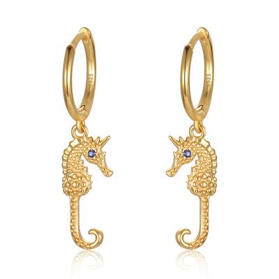 China High Quality 925 Sterling Silver Gold Plated Huggie Hoop Earrings Seahorse Animal Dangle Earrings For Women for sale