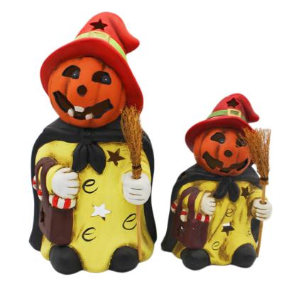 China Home Party Decoration Hand Painted Halloween Supplies Garden Decoration Pumpkin Ghost Wizard Candle Holders Ceramic Statue Ornament for sale