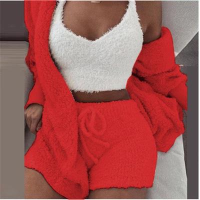 China Fashion Breathable Women Spring Pajamas Women Sleepwear Sets Solid Plush Long Robe Hooded Vest Shorts Sexy Nightgown Pajamas for sale