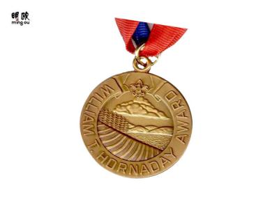 China Gold Brass Award Coins Medallions 3D Embossed Zinc Alloy & Polyester Ribbon for sale