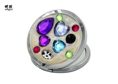 China Small Iron Compact Magnifying Mirror , Colorful Shiny Crystal Jewelled Compact Mirror for sale