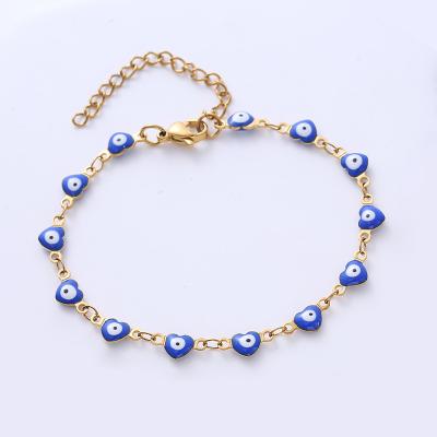 China Women Religious Bulk Turkish Enamel Evil Eye Stainless Steel Heart Charm Beaded Bracelet for sale