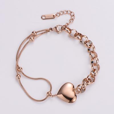 China TRENDY Simple Adjustable PVD Rose Gold Stainless Steel Belcher Heart Chain Bracelet For Women for sale