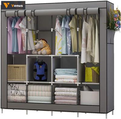 China Amazon Hot Sale Foldable Cloth Wardrobe Tarpaulin Closet Non-woven Wardrobe Clothes Storage Cabinet With Side Pockets Cloth Wardrobe for sale