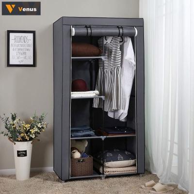 China Foldable Portable Wardrobe Iron Pipe Bracket Waterproof Non-woven Fabric Material Black Wardrobe For Storing Clothes for sale