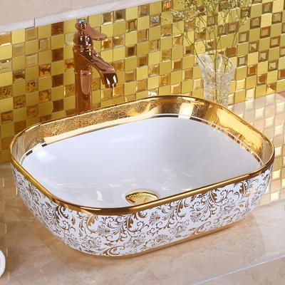 China Eco-friendly Italian Style Hotel Modern Luxury Bathroom Plated Rectangular Ceramic Table Top Gold Wash Sink Art Basin Electroplating for sale