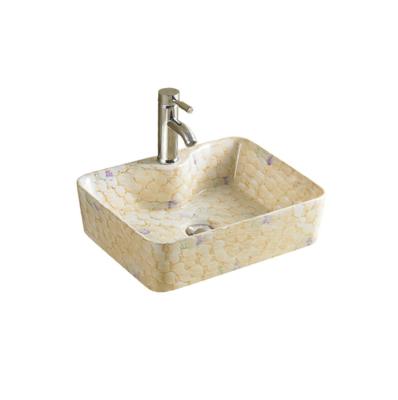 China Eco - Friendly Washroom Sanitary Ware Sink Ladder Pattern Beige Hand Wash Ceramic Basin With Faucet for sale