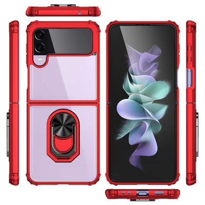 China Newest Conner Shockproof Kickstand Ring Holder Red Clear TPU PC Anti-drop Four Car Phone Case For Samsung Z Flip 3 5G for sale