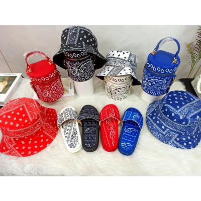 China Lady Fashion Women Handbags Lady Bandana Sandals Bag Sandals and Purse Bucket Hat 3 Pcs Set 2021 for sale