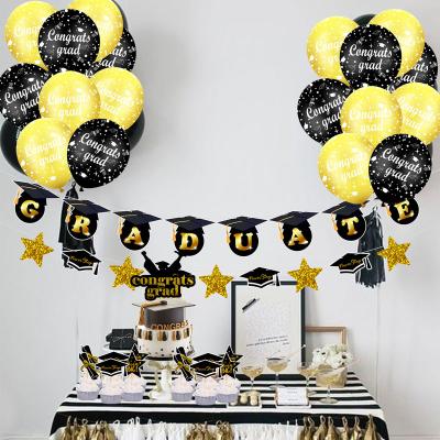 China New Cake Insert Eco-friendly Material Sequin Balloons Black Gold Doctor Hat Pull Flag Latex Balloons Graduation Season Balloon Party Set for sale