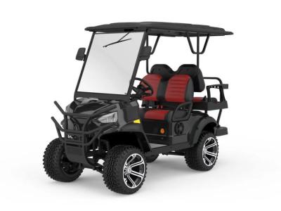 China Electric Golf Cart Featuring Spacious 2+2 Seating In A Bold Black And Red Color Blocking Design For Enhanced Comfort And Style On The Golf Course for sale