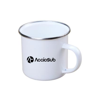 China Viable Wholesale RTS Heat Transfer Mask Coffee White Camping Enamel Mugs Rim Sublimation Enamel Silver Mug for sale