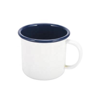 China Wholesale Custom Viable Enamel Metal Camping Coffee Mugs With Navy Blue Rim Sublimation Steel Enamel Mug for sale