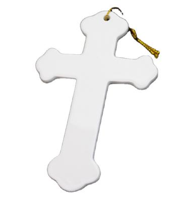 China Eco-friendly Decoration White Ceramic Cross Sublimation Wall Church Ornament Empty Christmas Ornament for sale