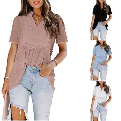 China Women's Anti-Wrinkle Ladies Summer Casual Lace Short Sleeves V-Neck T-Shirt White T-Shirt Women for sale