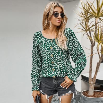 China Anti-pilling Daisies Print Crop Sweet Tops Summer Women Fashion Long Sleeve With Buttons Blouse for sale