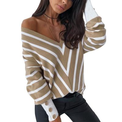 China Wholesale Anti-Wrinkle Autumn Winter Striped Patchwork V-Neck Twill Knit PULLOVER SWEATER Sleeve With Button Sweater For Women for sale